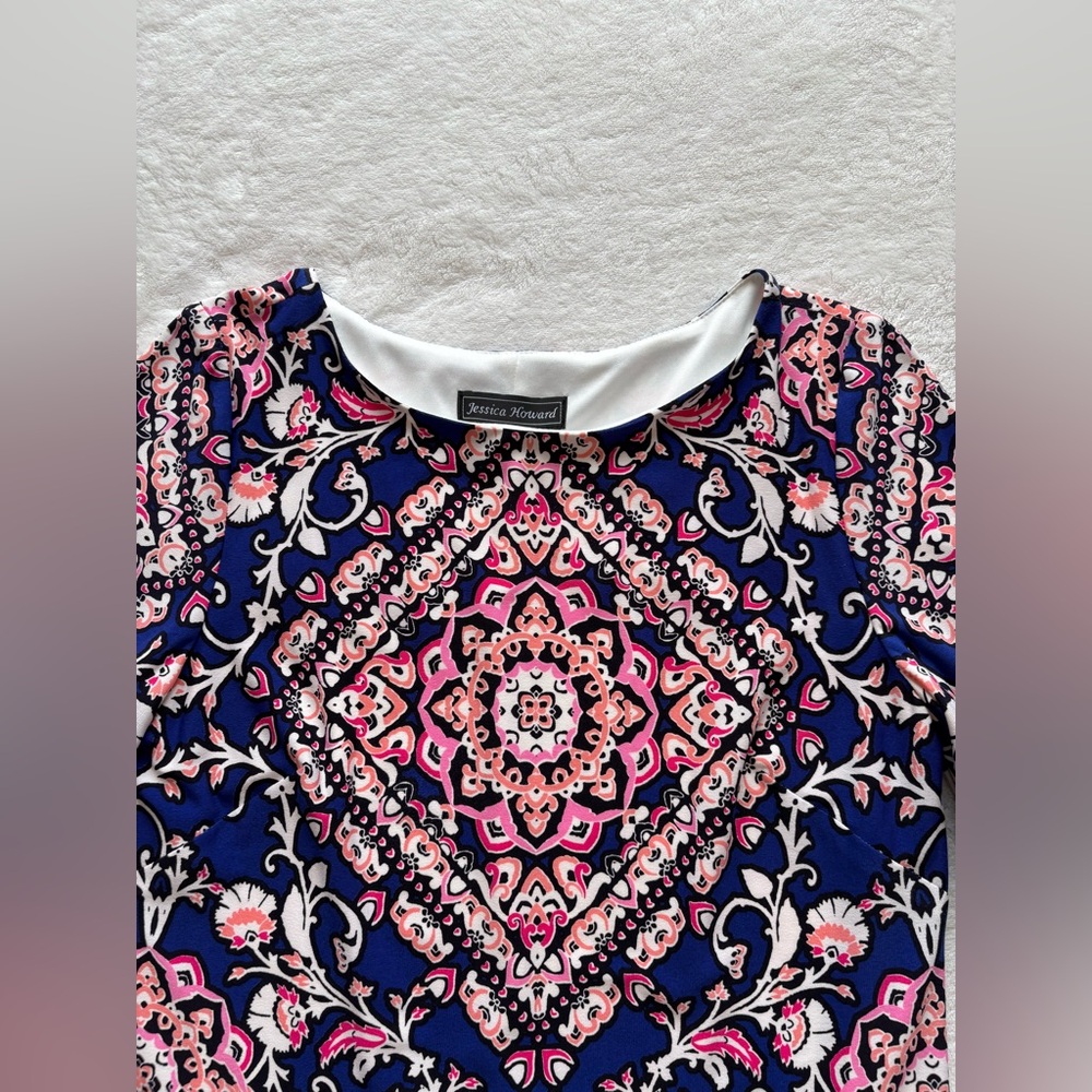 Jessica Howard Elegant Navy and Pink Patterned Shift Dress - Size 8 - Picture 5 of 12